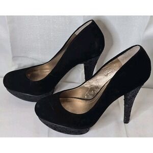 BCBGeneration Black Suede Glitter Platform Pumps Heels Womens 8.5 Round Toe